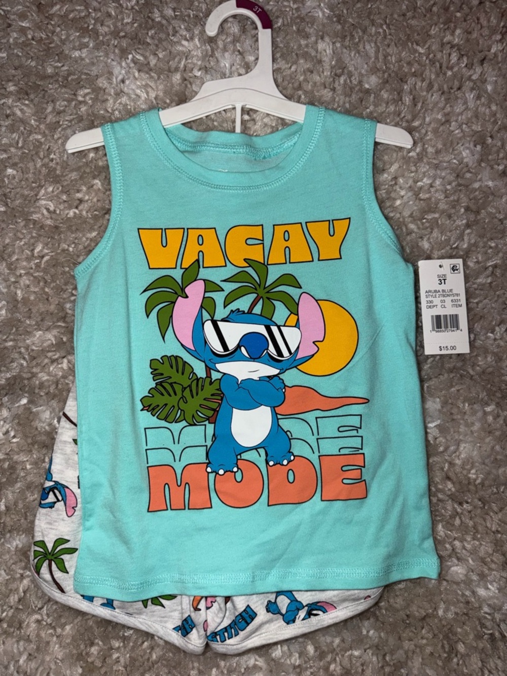 Disney Kids' Aqua 'Vacay Mode' Tank Top & Short set  - Cute Cartoon Print 3T NWT